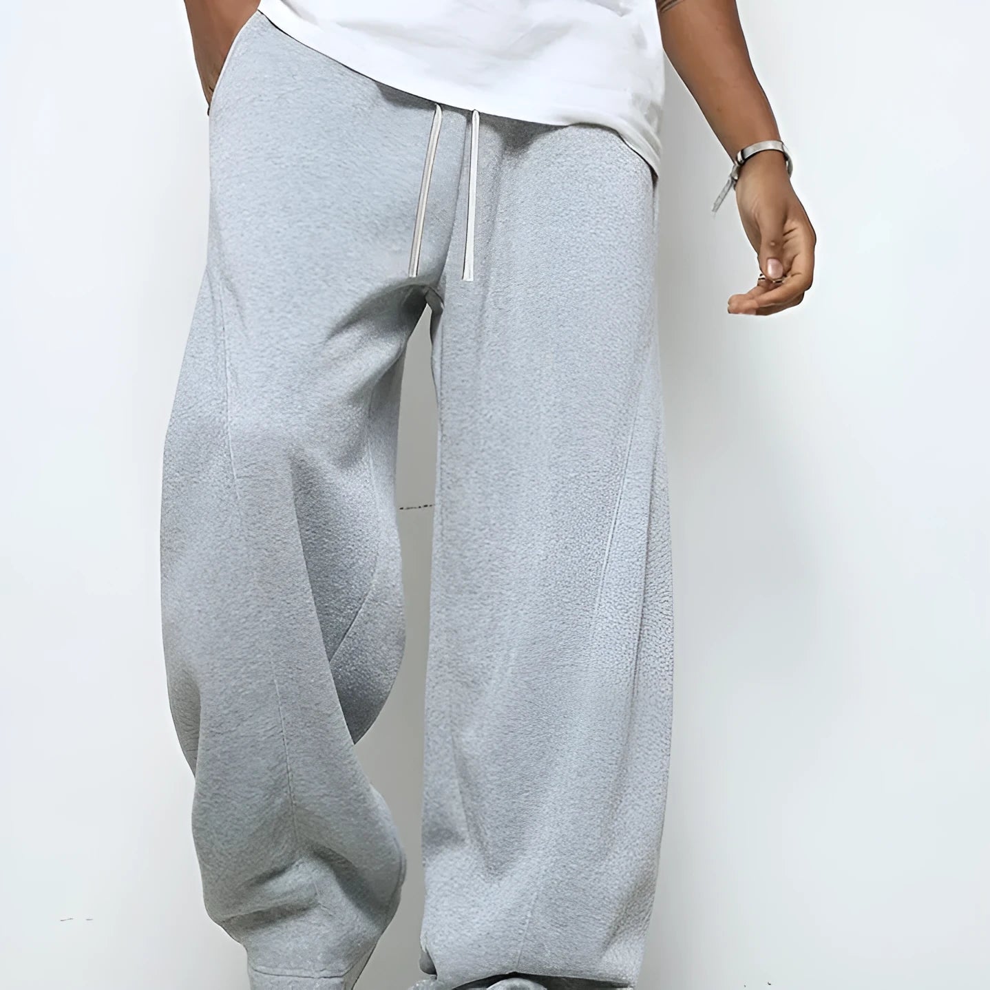 Men's straight leg casual trousers with drawstring waist in black, dark grey and light grey colours