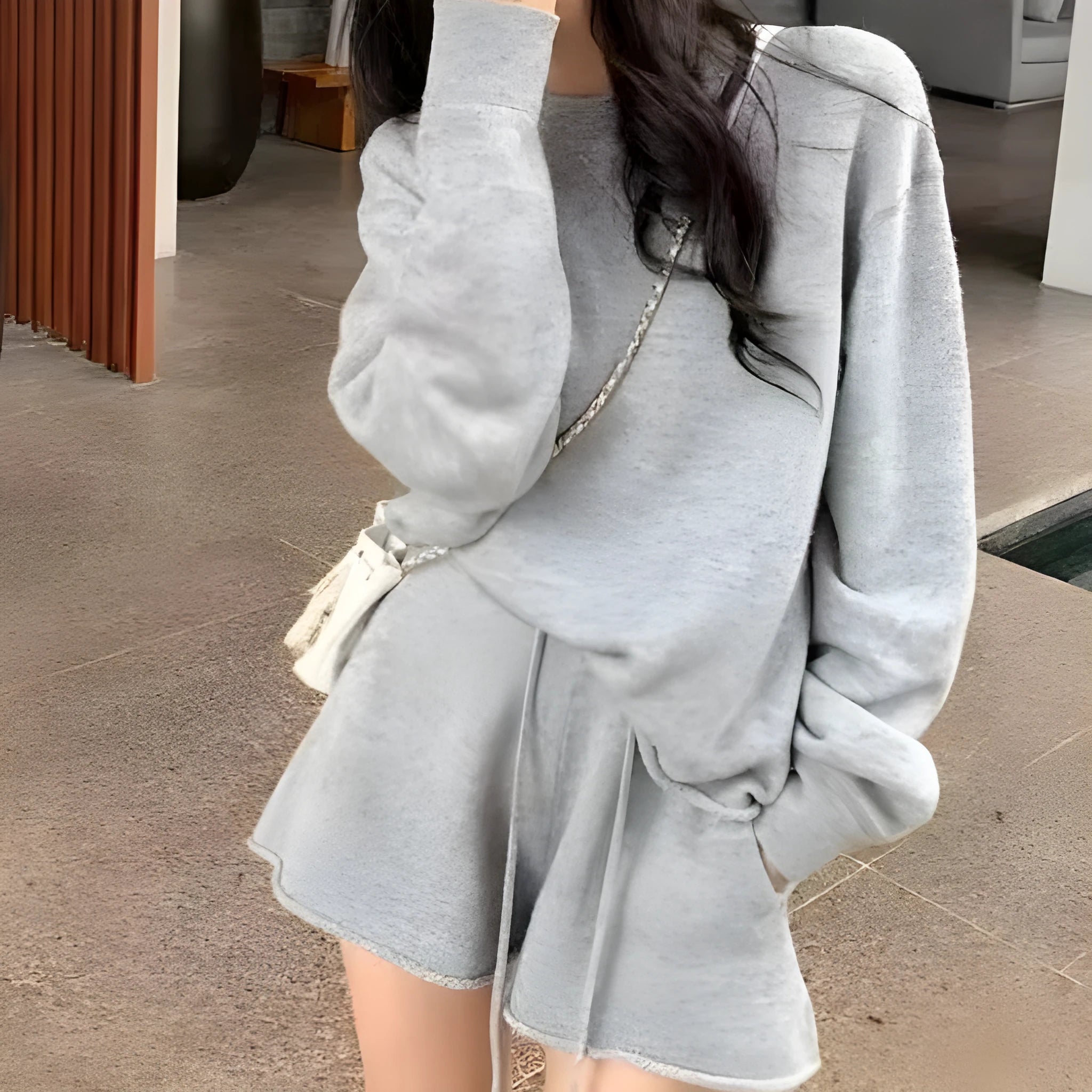 Womens loose-fitting long sleeve sweater with knitted wide leg shorts two-piece set in five colour options