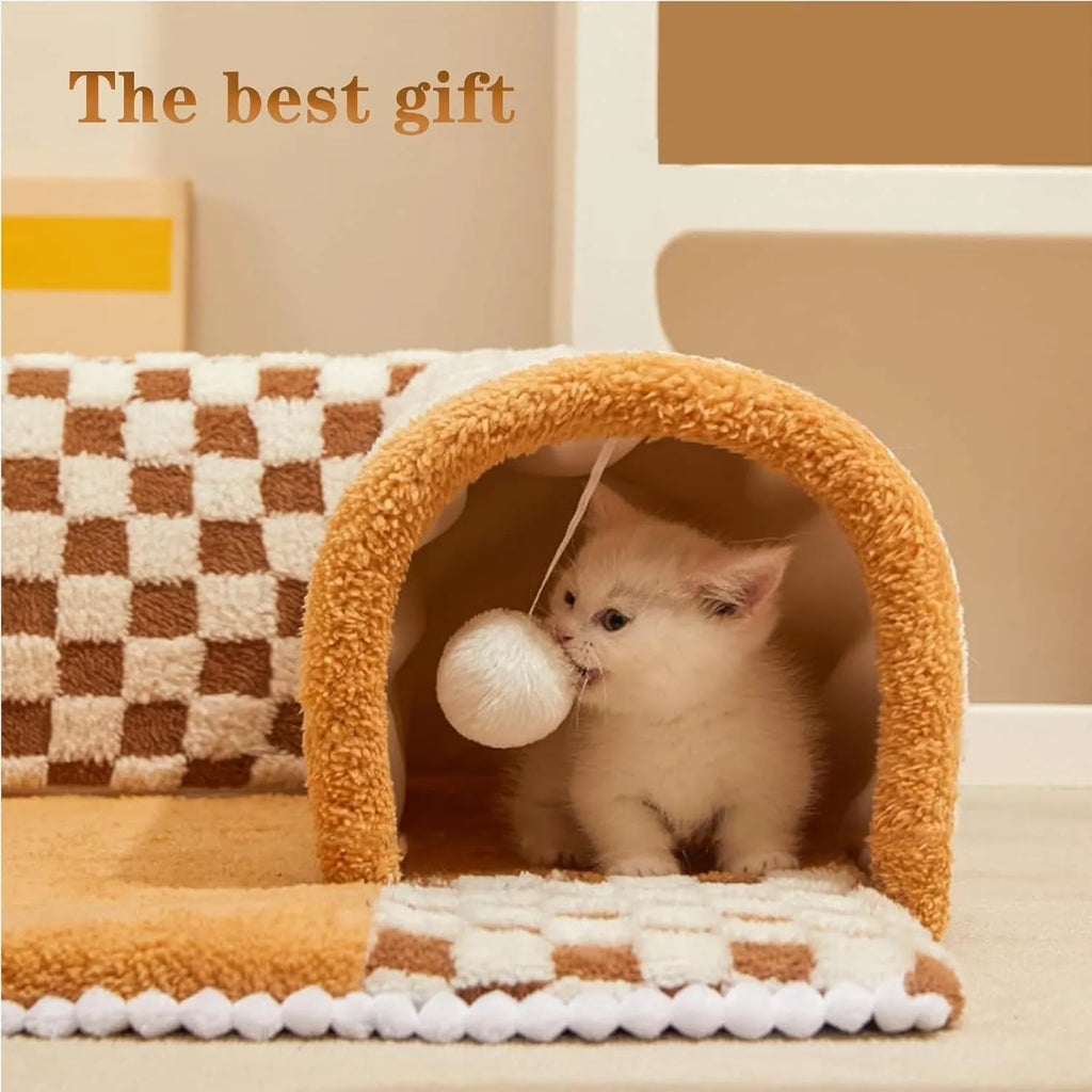 Brown plush plaid cat tunnel bed with central mat showing collapsible design and non-slip bottom
