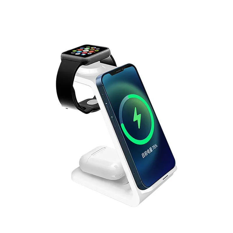 White 3-in-1 upright wireless charging phone holder stand with dual coil charging surface