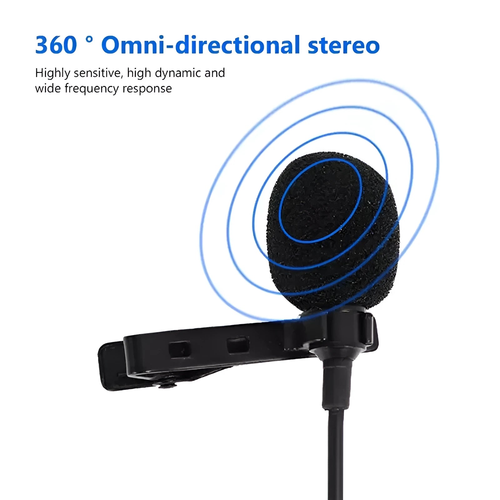 Wired lavalier clip-on microphone headset with 3.5mm plug on a 1.5m cable, compatible with iPhones and computers.