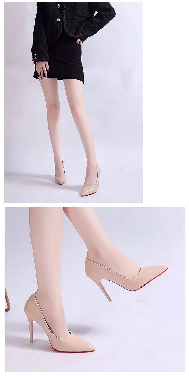 Women's solid colour stiletto heel pumps with pointed toe and shallow mouth design on a rubber sole.