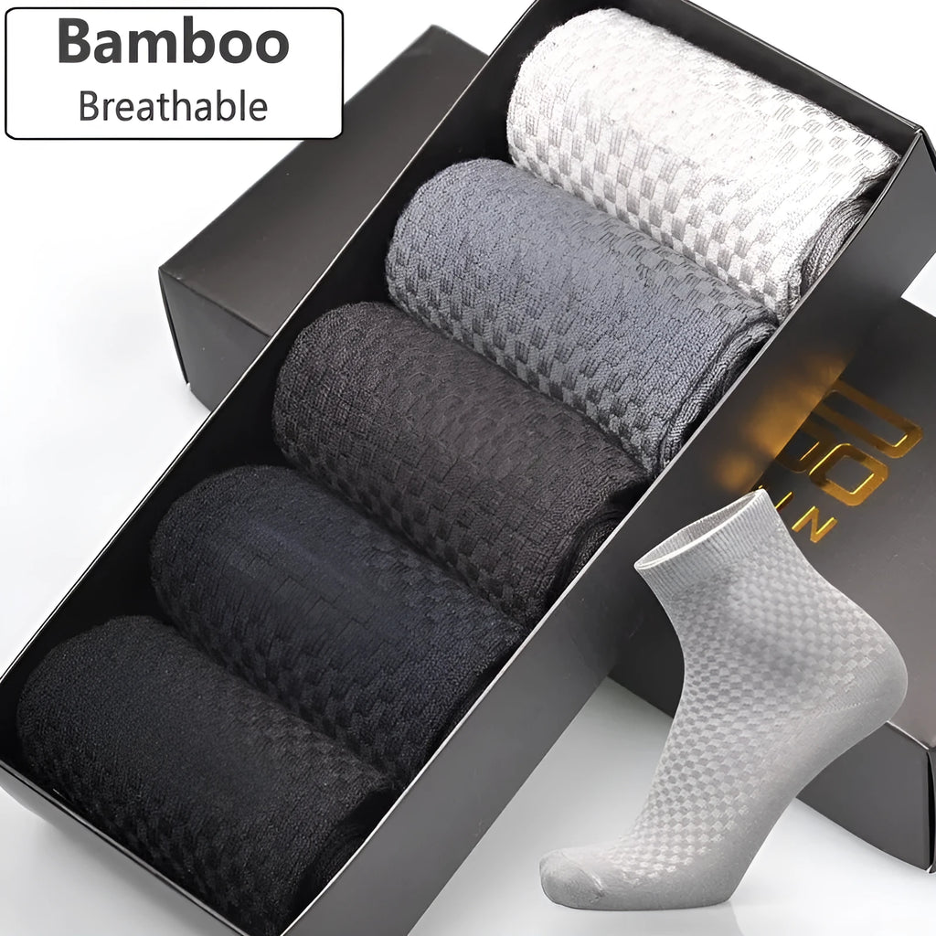 Men's bamboo fibre business socks in a small square pattern, shown in silver grey colour.