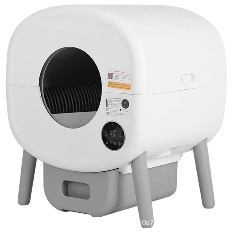 White automatic cat litter box with control panel and waste storage compartment for self-cleaning pet toilet