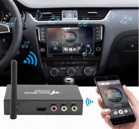 Black car Wi-Fi mirror link box converter unit with power cable, AV cable, antenna, and user manual