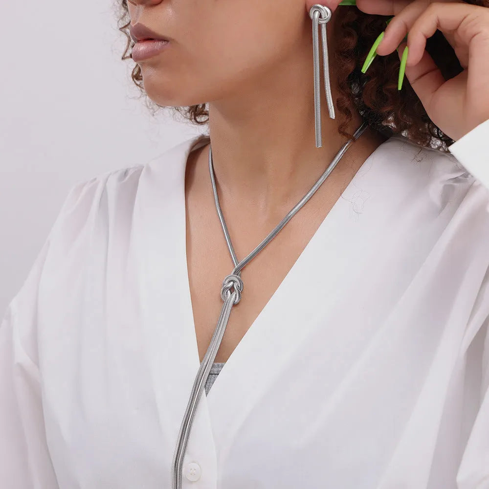 Gold knotted tassel snake chain long necklace with matching earrings set