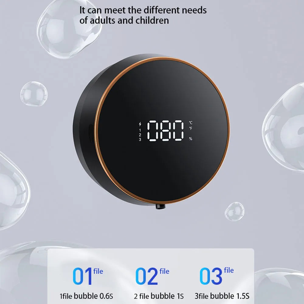Black automatic wall-mounted foam soap dispenser with USB charging port.