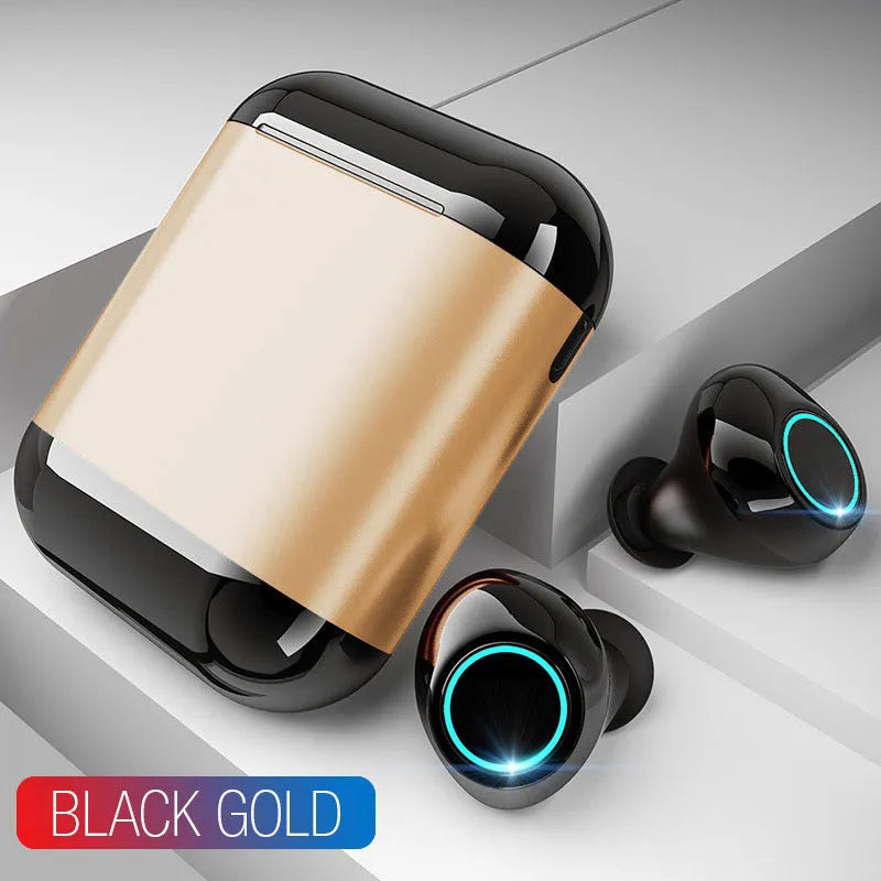 Black True Wireless Stereo Bluetooth earplug headset with gold and light grey colour options shown.