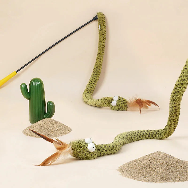 Green feather snake cat teasing stick on 140 cm pole with additional feather attachments