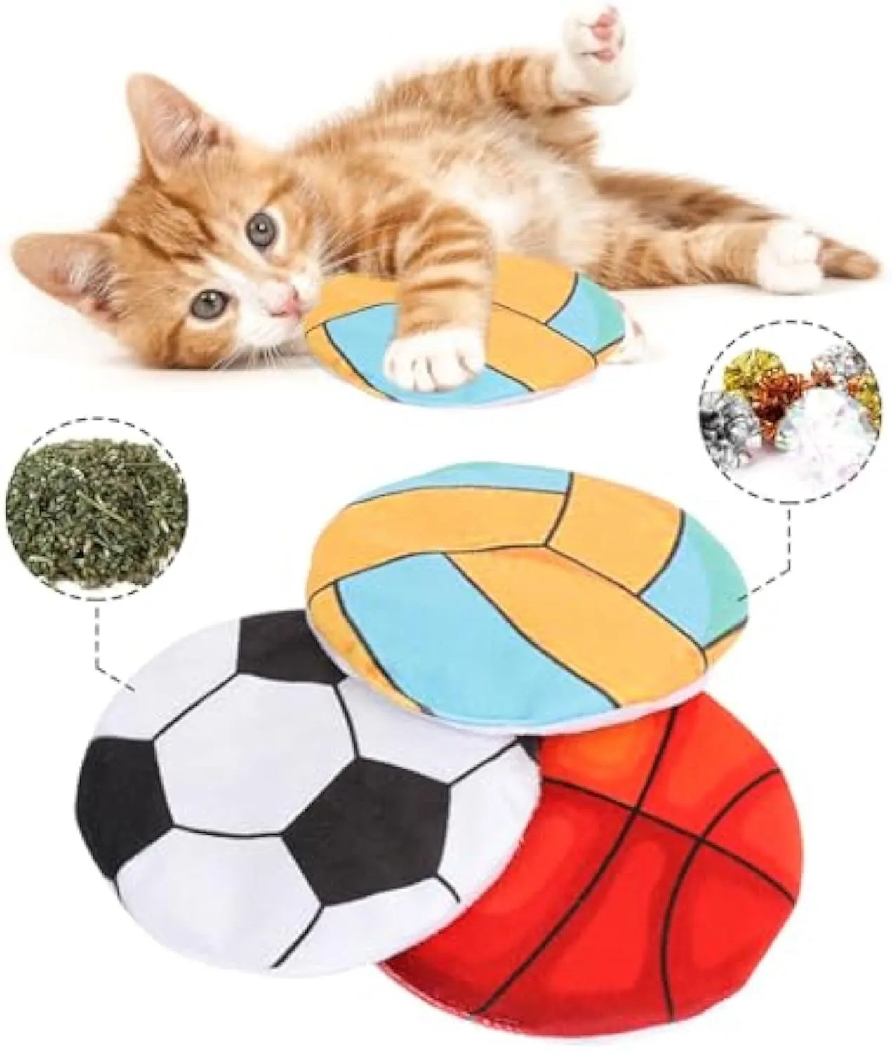 Flying disc shaped plush cat toy with sports ball pattern, containing catnip and crinkle sound.