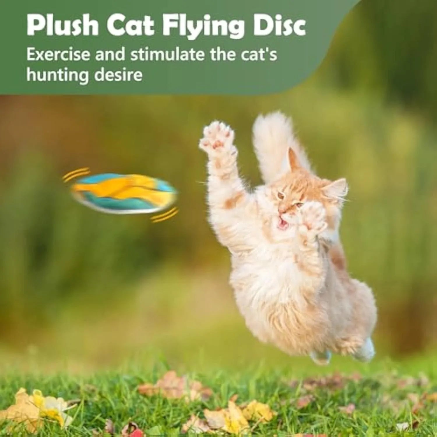 Flying disc shaped plush cat toy with sports ball pattern, containing catnip and crinkle sound.