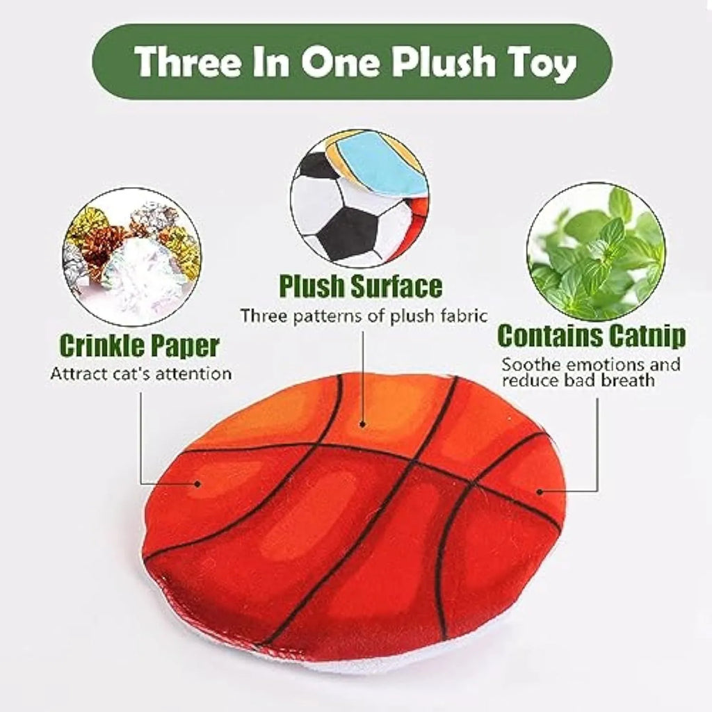 Flying disc shaped plush cat toy with sports ball pattern, containing catnip and crinkle sound.