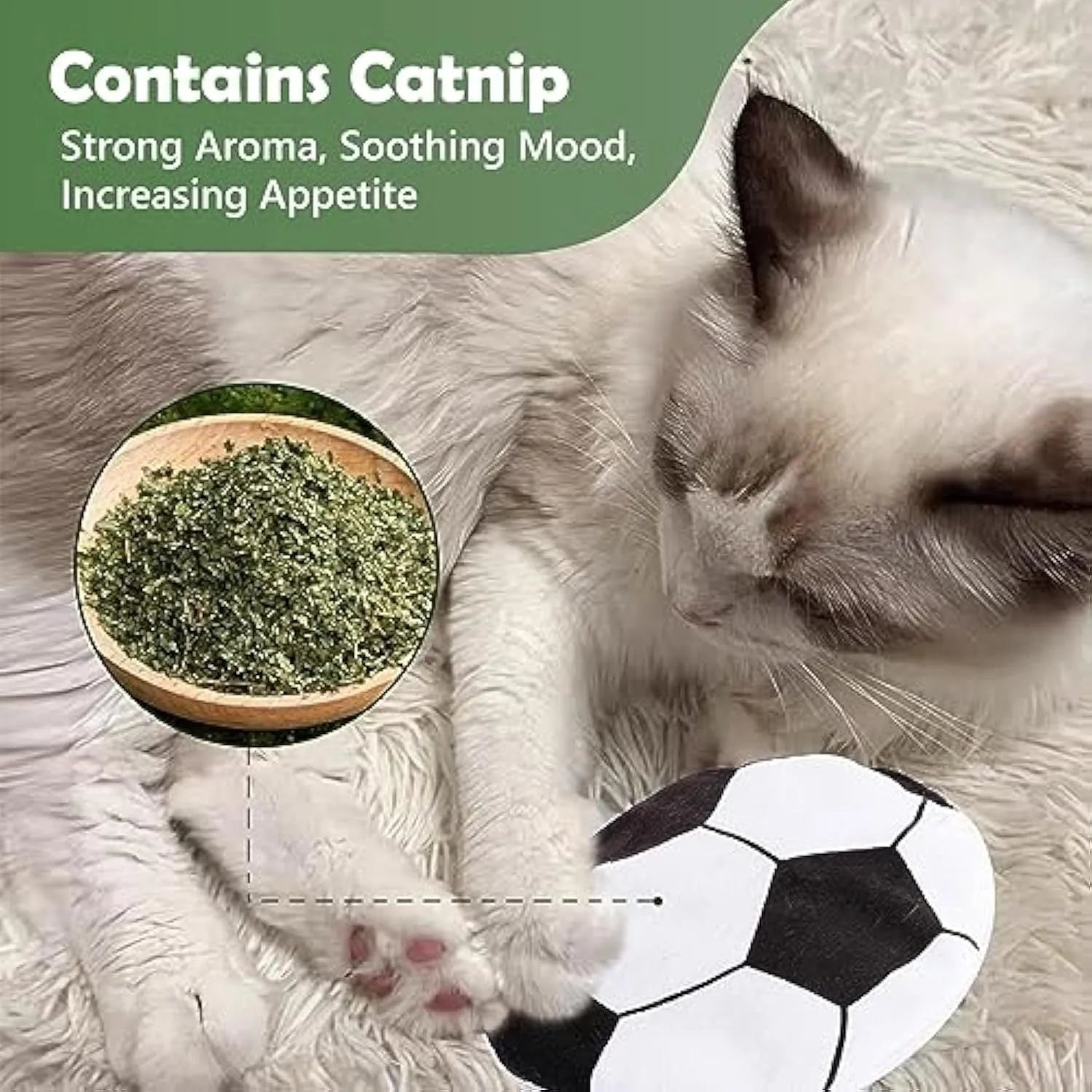 Flying disc shaped plush cat toy with sports ball pattern, containing catnip and crinkle sound.