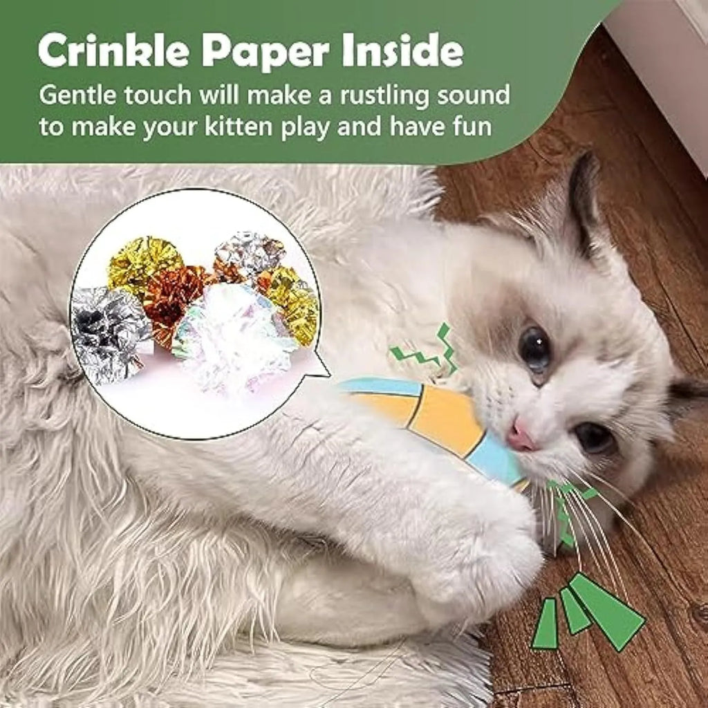 Flying disc shaped plush cat toy with sports ball pattern, containing catnip and crinkle sound.