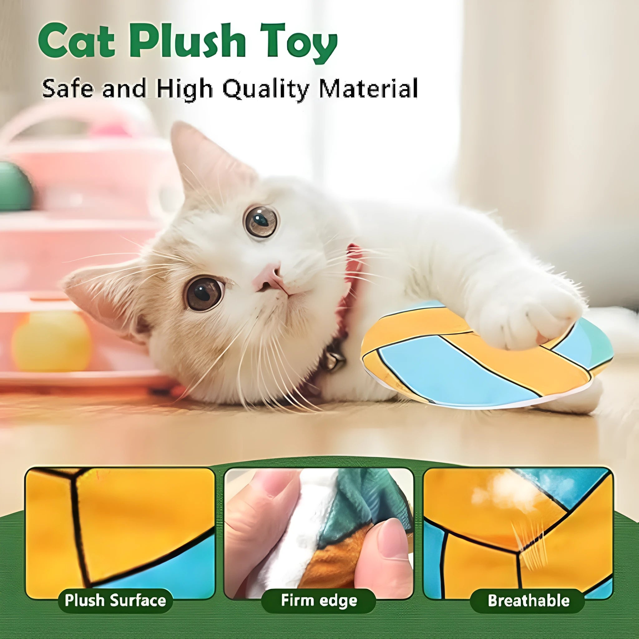 Flying disc shaped plush cat toy with sports ball pattern, containing catnip and crinkle sound.