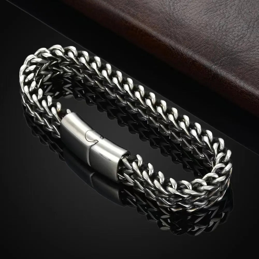 Geometric titanium steel men's bracelet in silver with hip hop styling front and back view