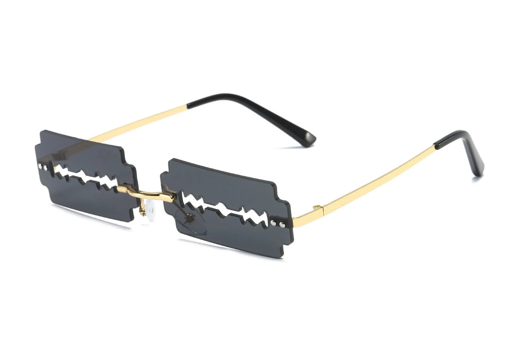 Gold metal rimless sunglasses with UV400 PC lens on a white background