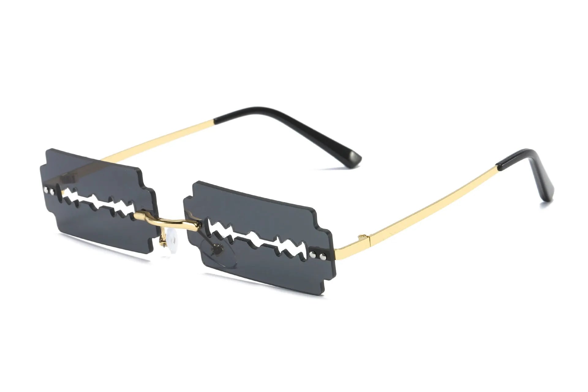 Gold metal rimless sunglasses with UV400 PC lens on a white background