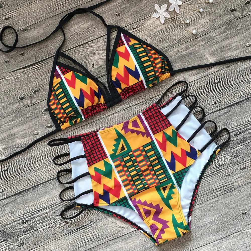 Women's high-waisted digital print bikini set with backless top and quick-drying fabric.
