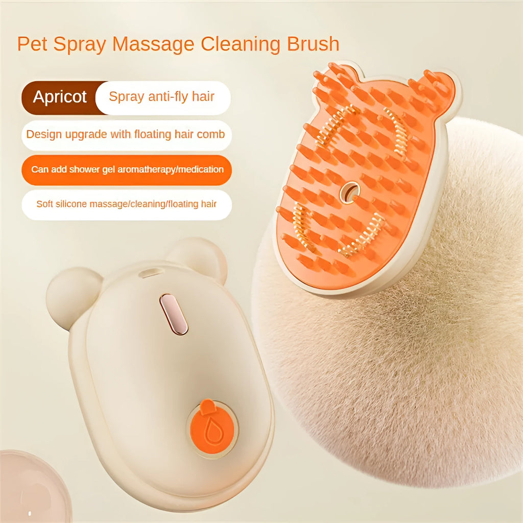 Rechargeable pet grooming brush with spray function, removable silicone comb, and soft rubber massage teeth