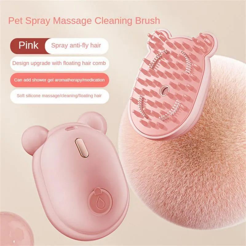 Rechargeable pet grooming brush with spray function, removable silicone comb, and soft rubber massage teeth
