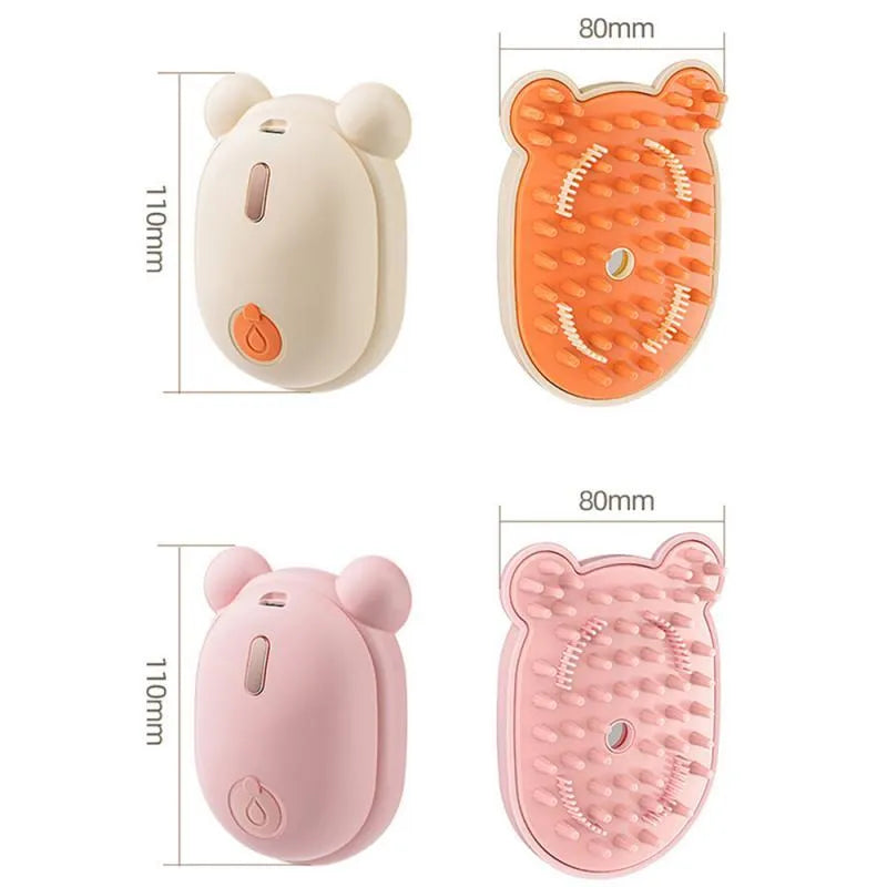 Rechargeable pet grooming brush with spray function, removable silicone comb, and soft rubber massage teeth