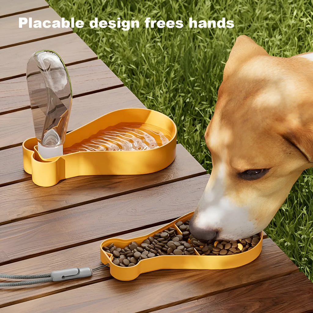 Orange and white portable pet water feeder showing water bottle and treat container compartments