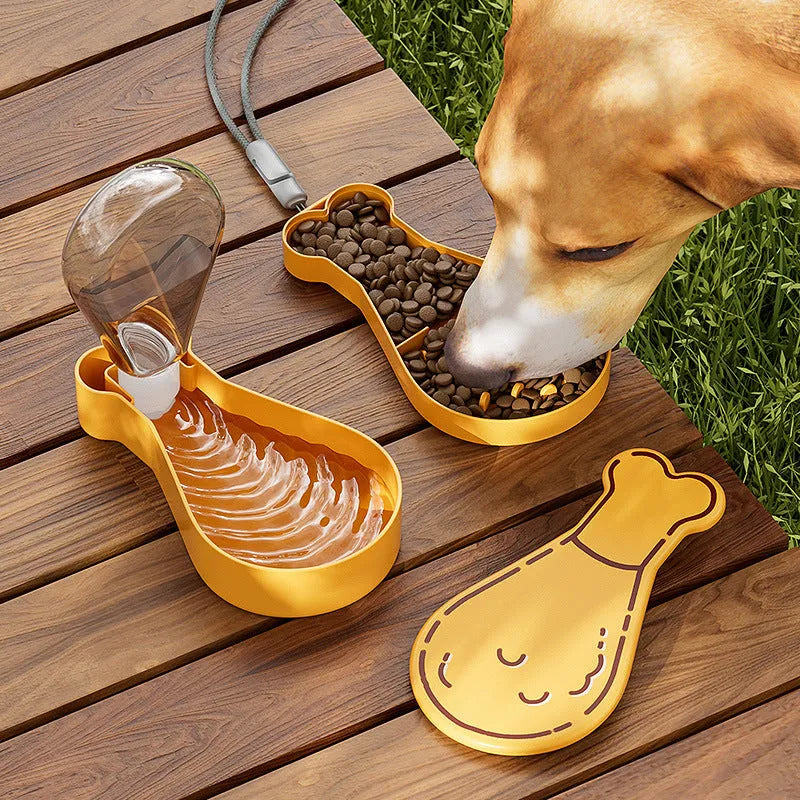Orange and white portable pet water feeder showing water bottle and treat container compartments