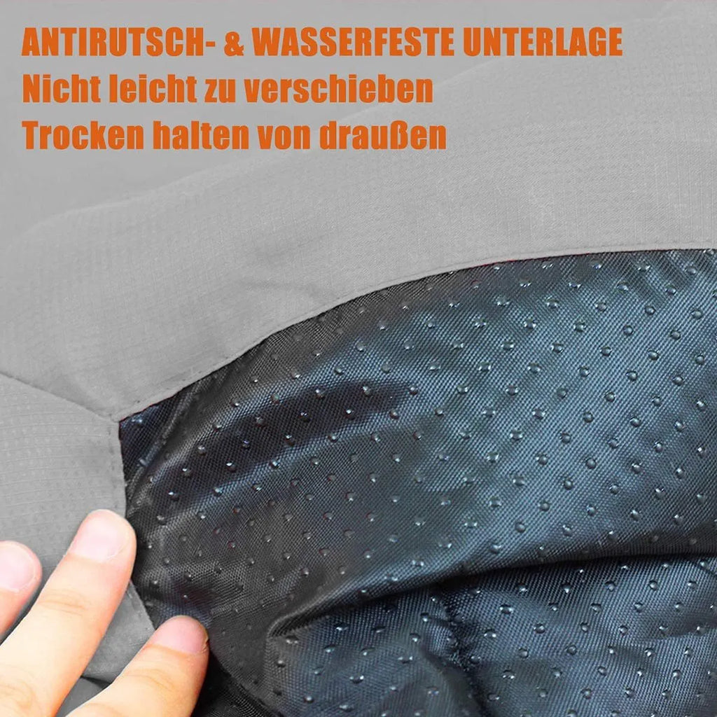 Blue foldable waterproof dog bed shown unfolded and folded, with nylon buckles and dotted anti-slip bottom.