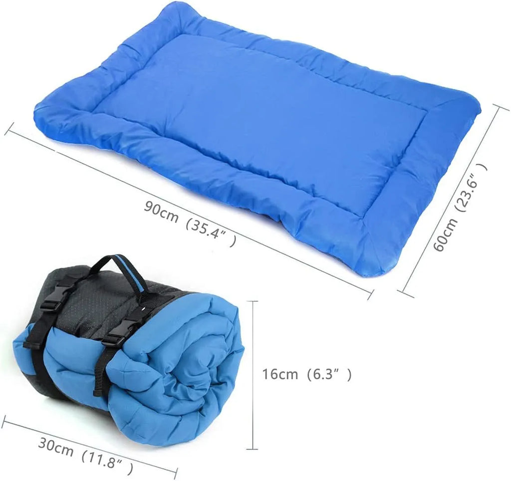 Blue foldable waterproof dog bed shown unfolded and folded, with nylon buckles and dotted anti-slip bottom.
