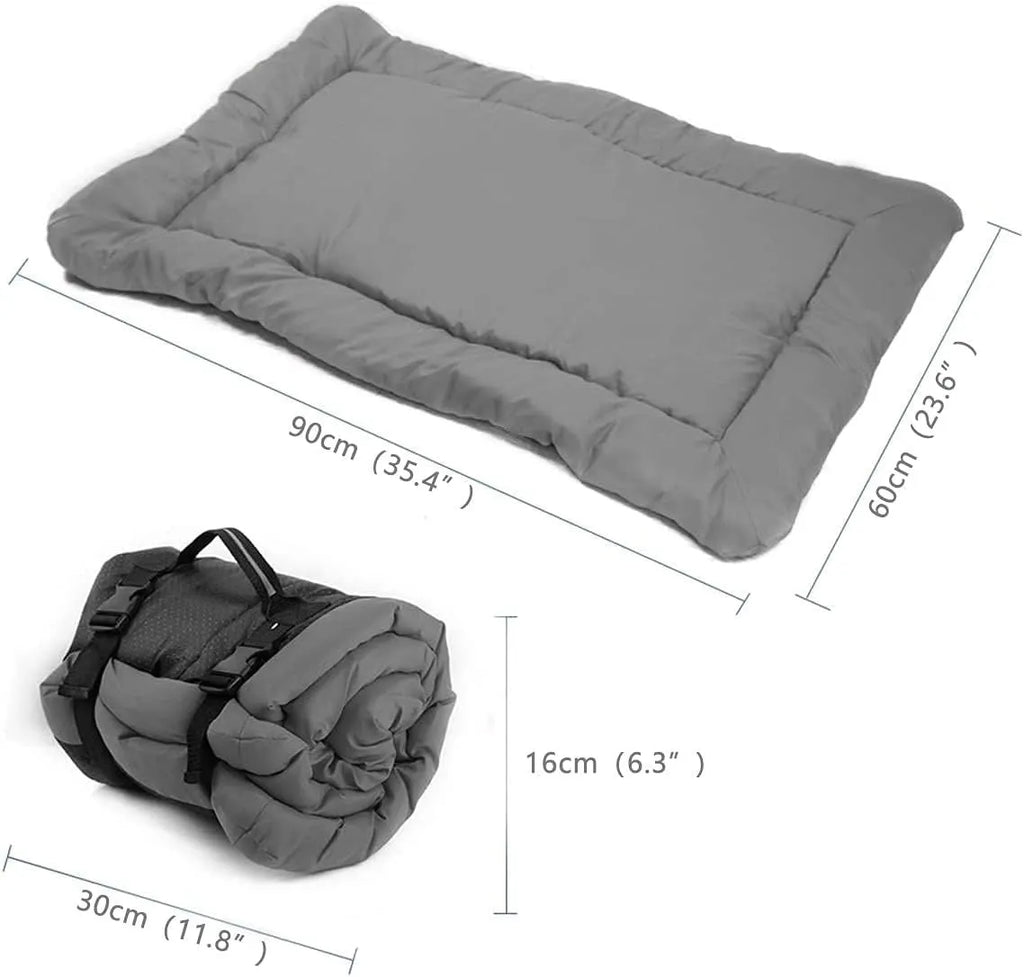Blue foldable waterproof dog bed shown unfolded and folded, with nylon buckles and dotted anti-slip bottom.