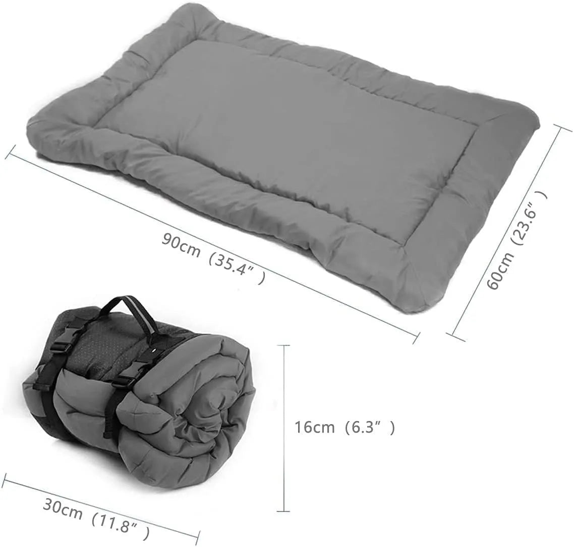 Blue foldable waterproof dog bed shown unfolded and folded, with nylon buckles and dotted anti-slip bottom.