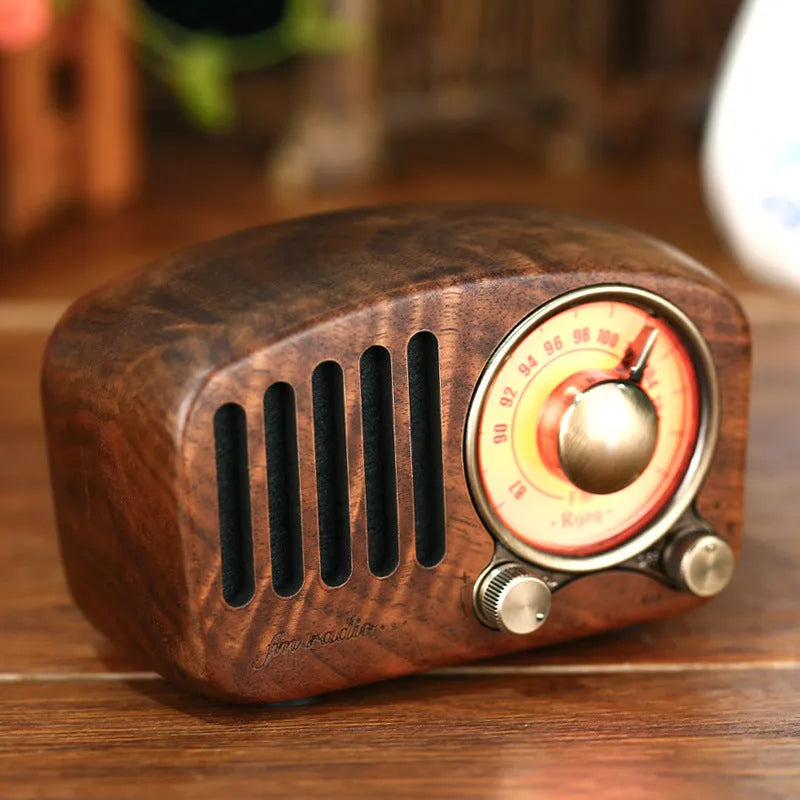 Retro wooden wireless mini Bluetooth speaker in cherry or walnut finish with compact dimensions