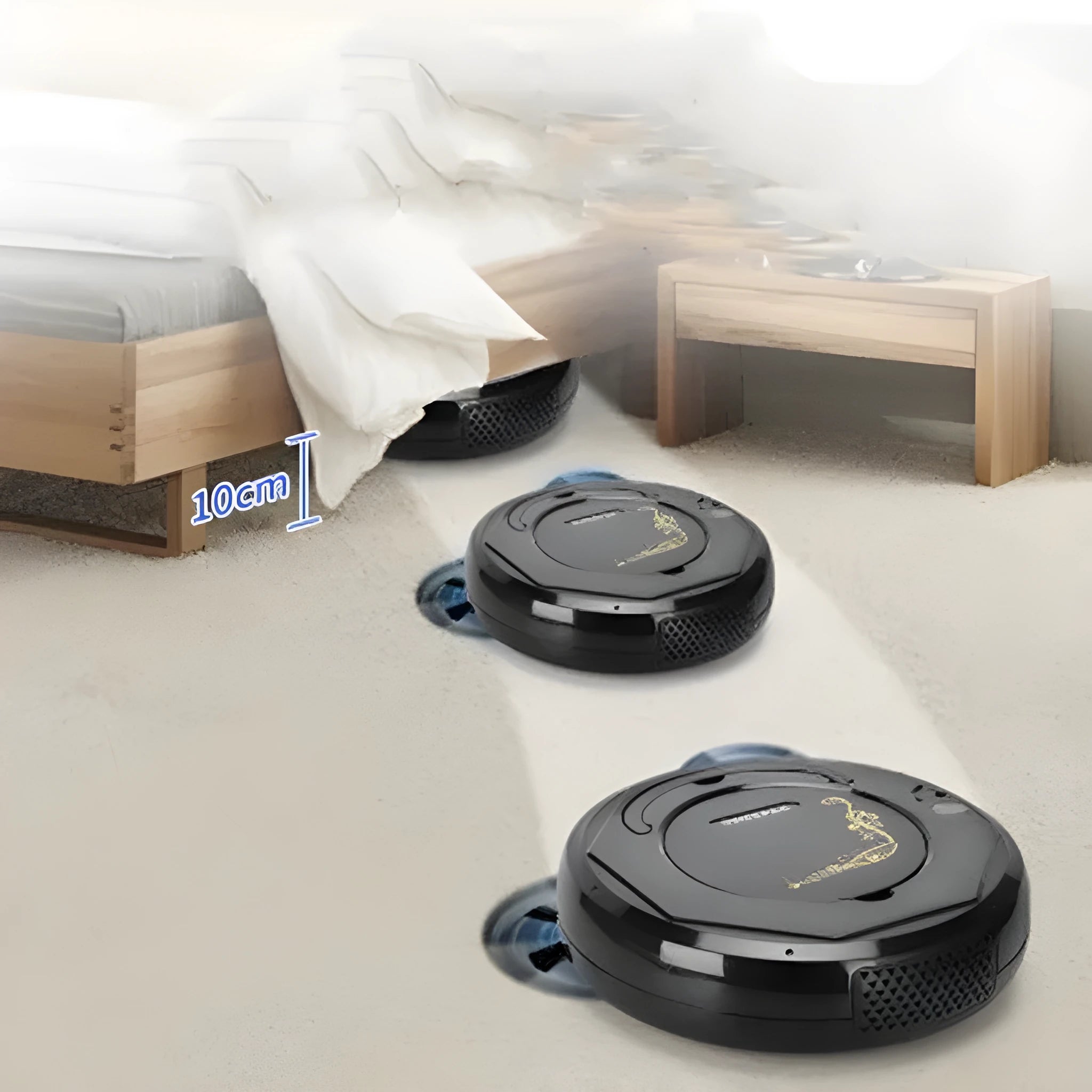 Smart floor sweeping robot vacuum cleaner in black, blue, or white colours with charging cable and cleaning attachments