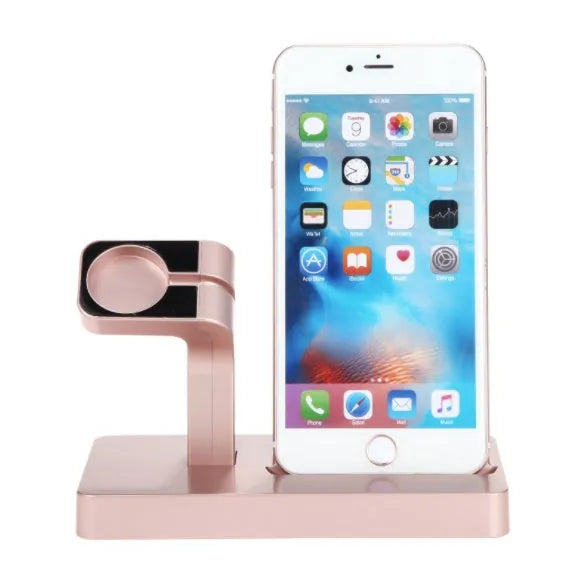 White 2-in-1 charging dock holding an iPhone and Apple Watch with anti-slip silicone pads