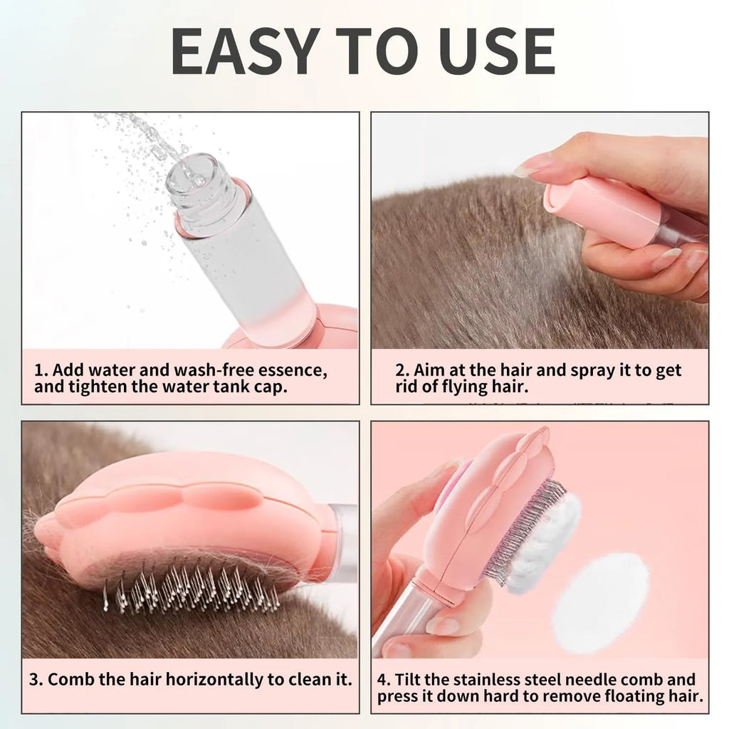 Grey spray cat grooming brush with self-cleaning button and stainless steel bristles on a white background