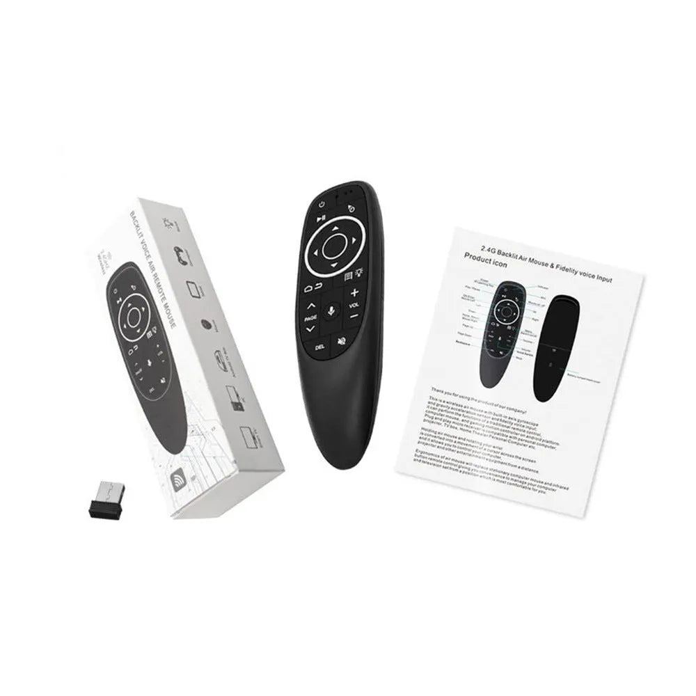 G10 and G10S Pro intelligent wireless voice remote controls on a table, showing silicone buttons and plastic shell.