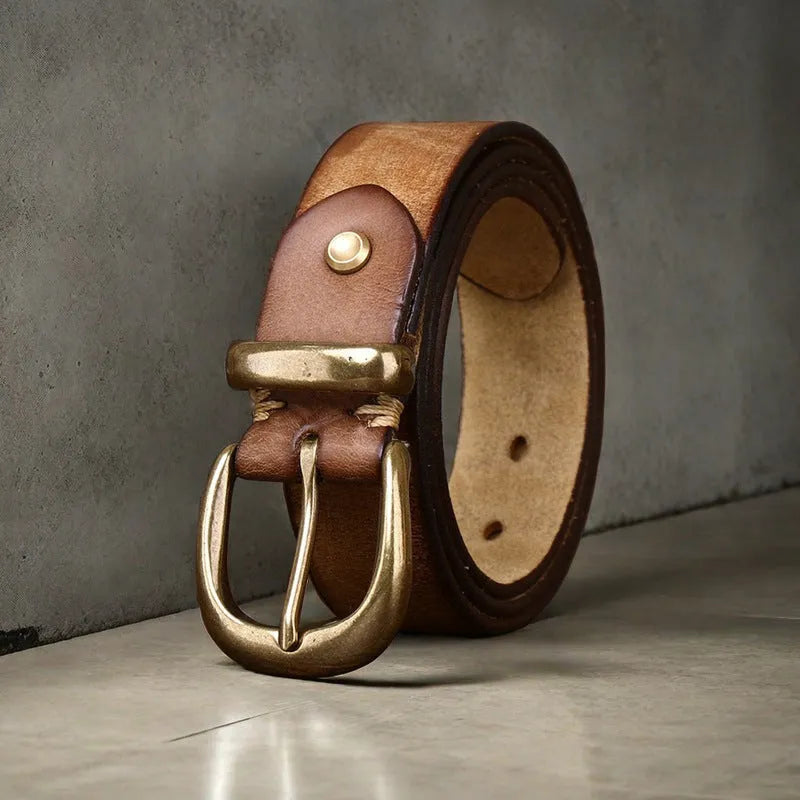Men's casual jeans belt in genuine cowhide leather with copper buckle