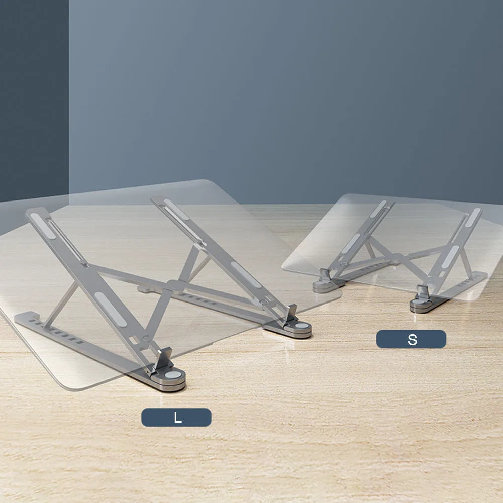 A folded and unfolded aluminium laptop stand in silver, shown next to a laptop.
