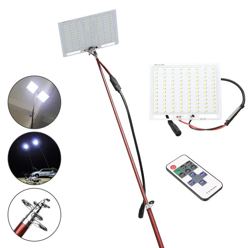 LED fishing rod light with telescopic pole and remote control for outdoor illumination