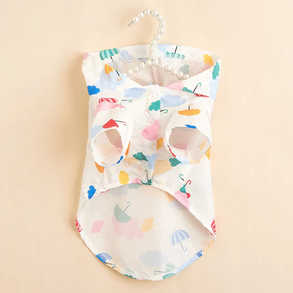 Colourful cartoon umbrella pattern pet raincoat for dogs in sizes XS to XL.