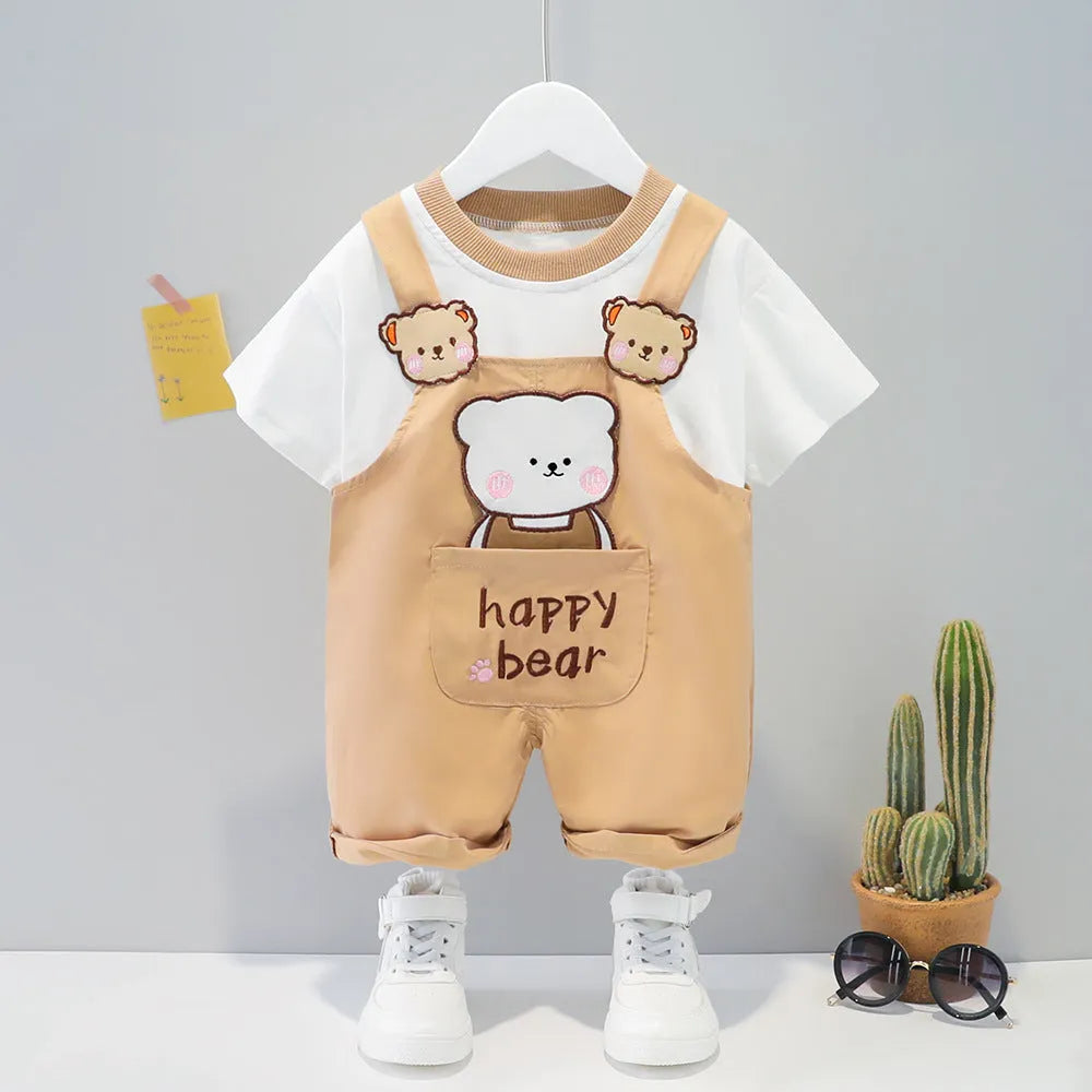 Yellow cartoon print baby overalls with adjustable straps, short sleeves, and an openable front.