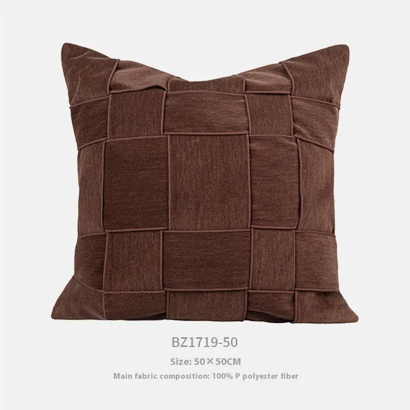 50cm square chenille woven pillow cushion in a choice of seven colours on a sofa.