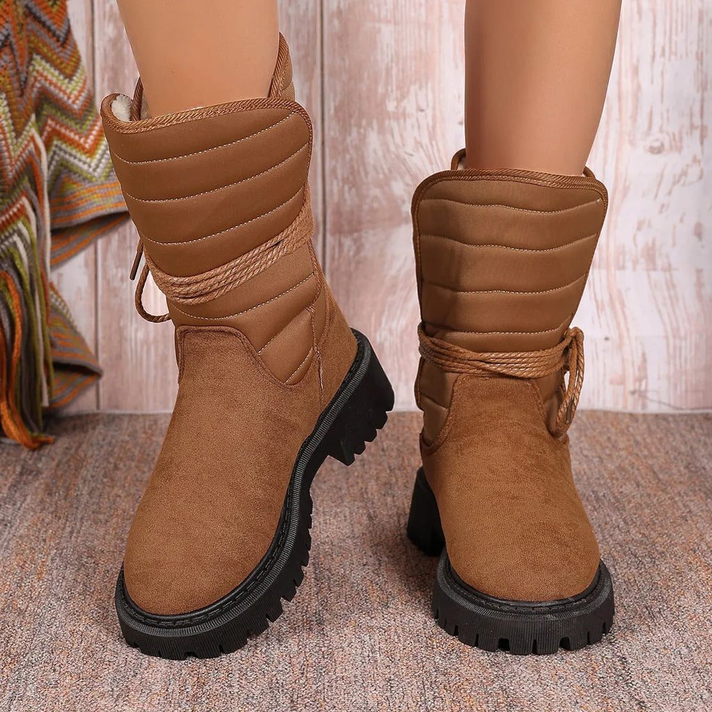 Women's chunky heel mid-tube snow boots in black with lace-up design and rubber sole