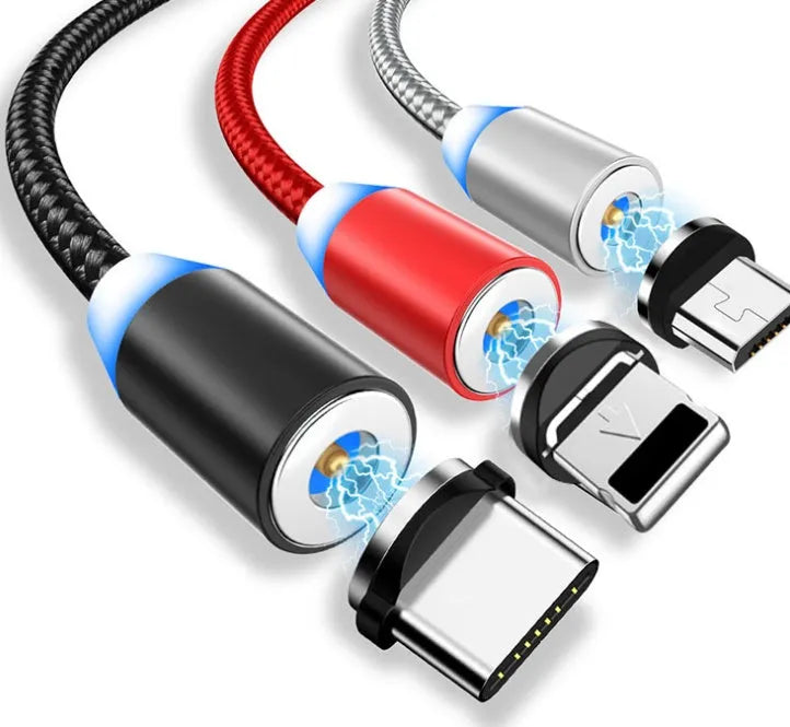 YBD black braided magnetic charging cable with LED light showing Lightning, Micro-USB, and Type-C magnetic tips