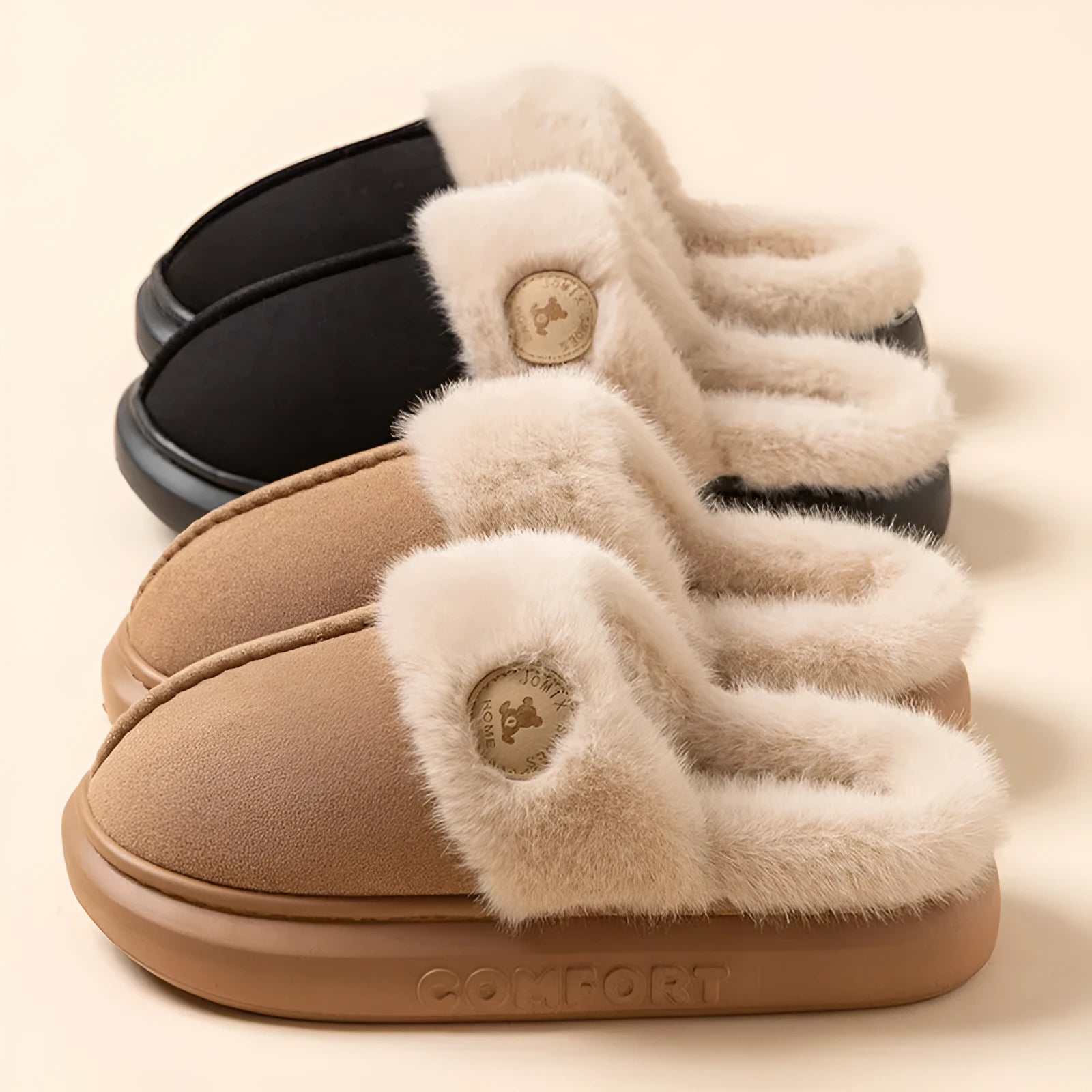 Plush fleece indoor slippers with thick PVC non-slip soles in multiple colours.