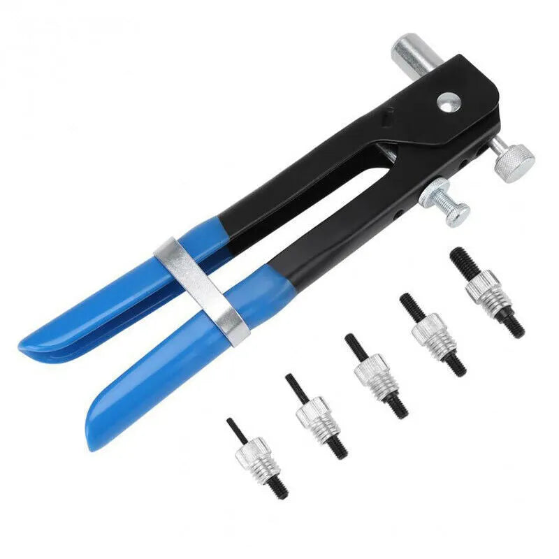 Alloy steel manual riveter nut tool set with spare rivet nuts on a workbench.