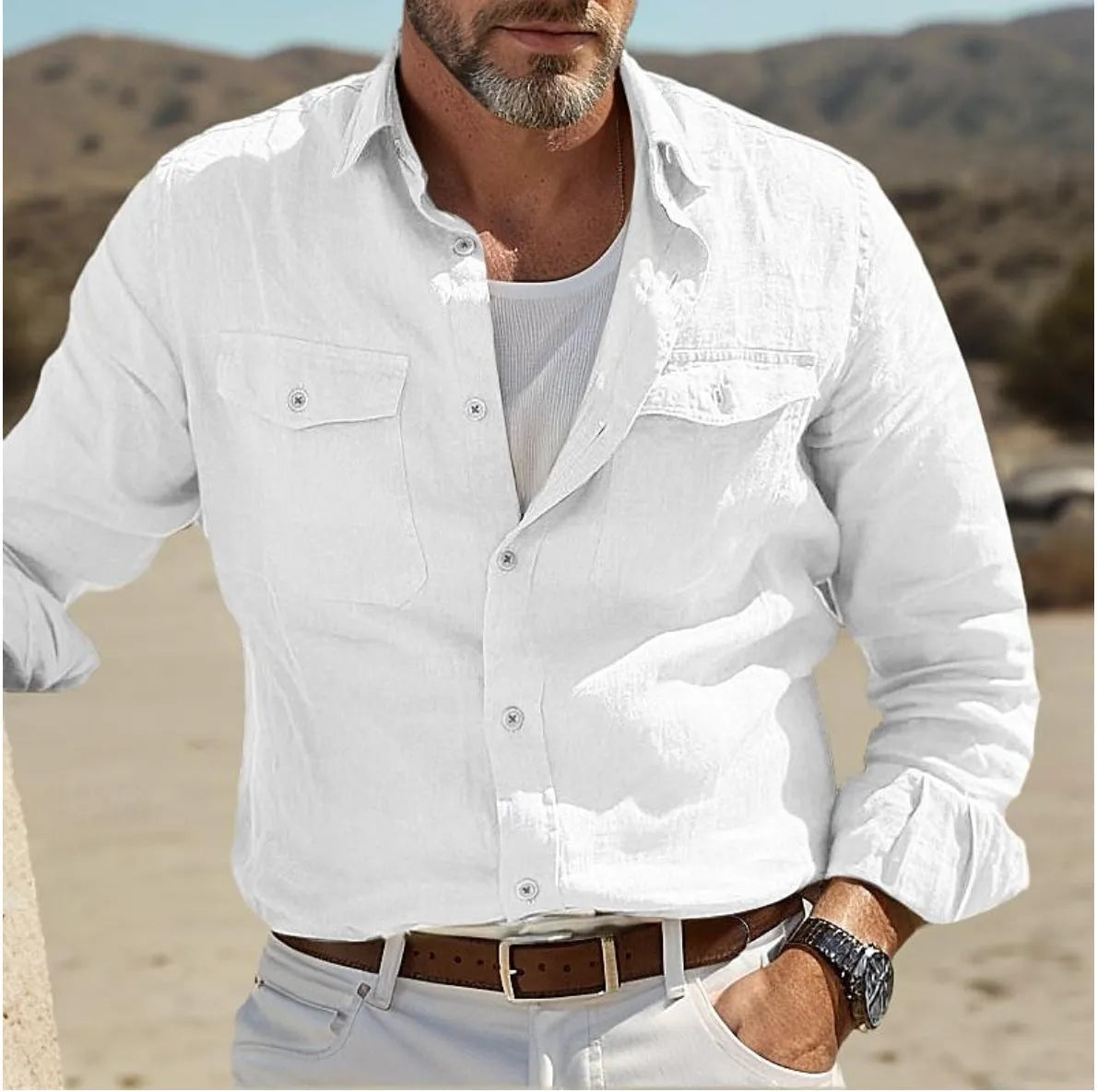 Men's long-sleeved cotton linen shirt in loose fit casual design showing solid colour options
