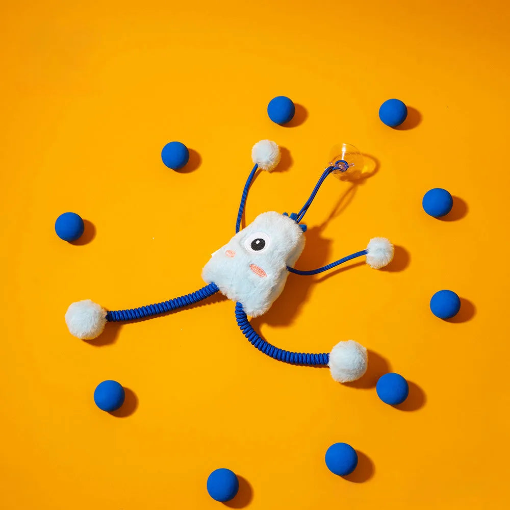 Blue cat plush toy with telescopic elastic pole, mint bell ring, and elastic rope on 30×30 cm base