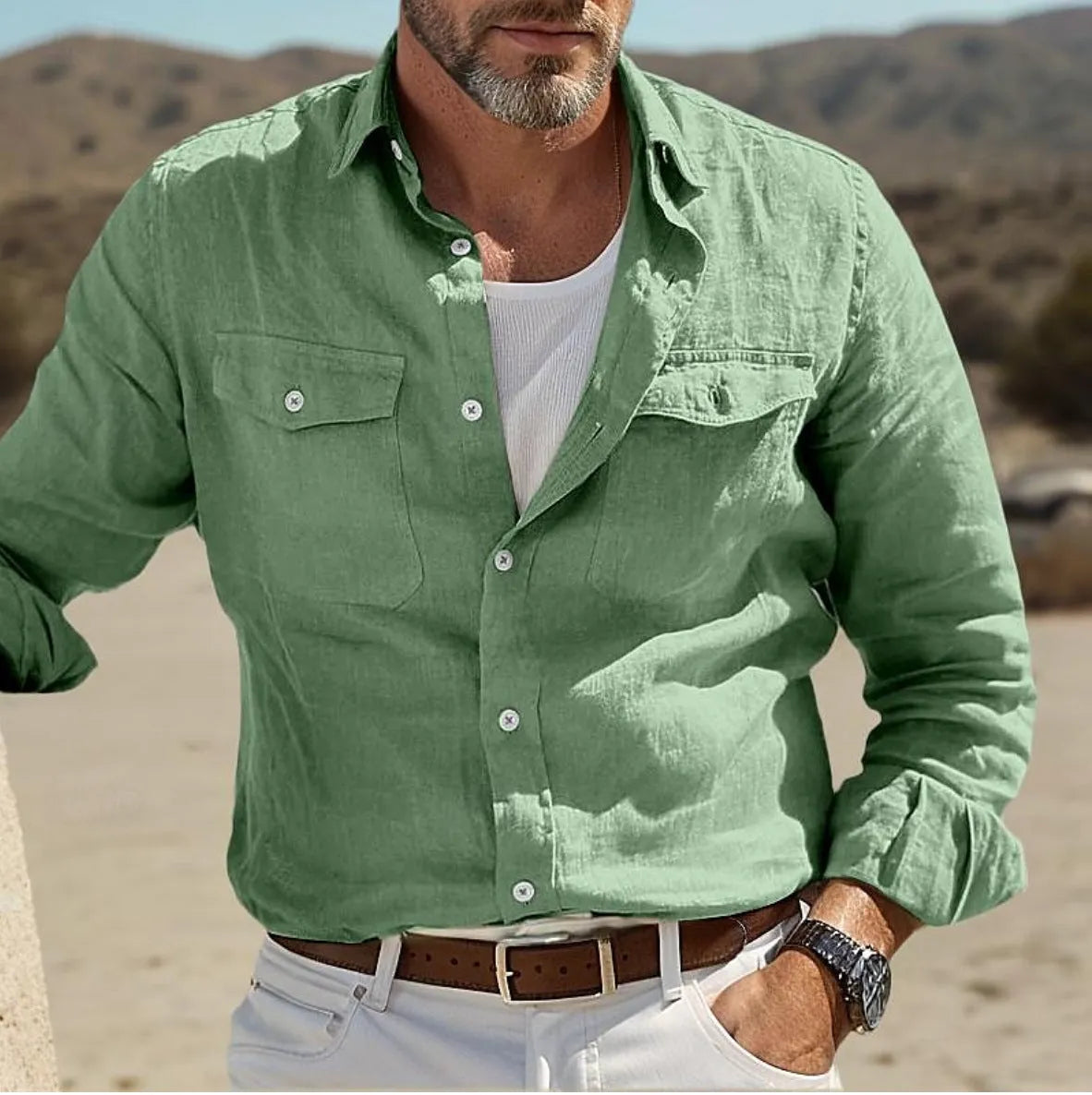 Men's long-sleeved cotton linen shirt in loose fit casual design showing solid colour options